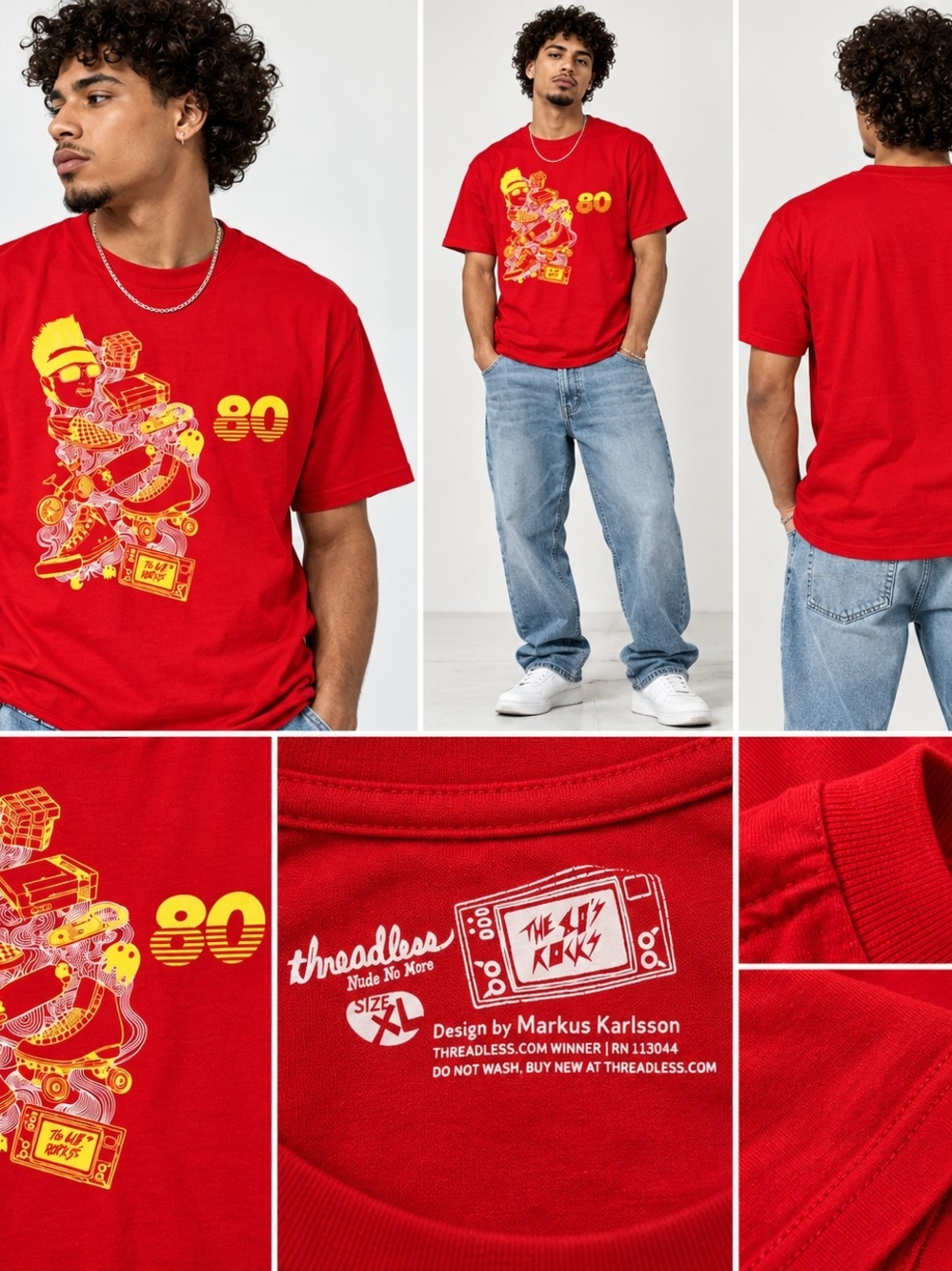 Threadless Red Short Sleeve Tee with Yellow '80s Graphic